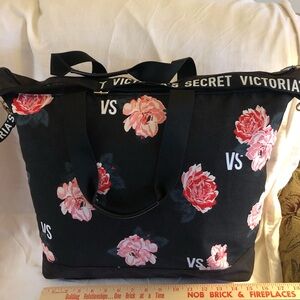Victoria's Secret Black Tote with Pink Floral Design